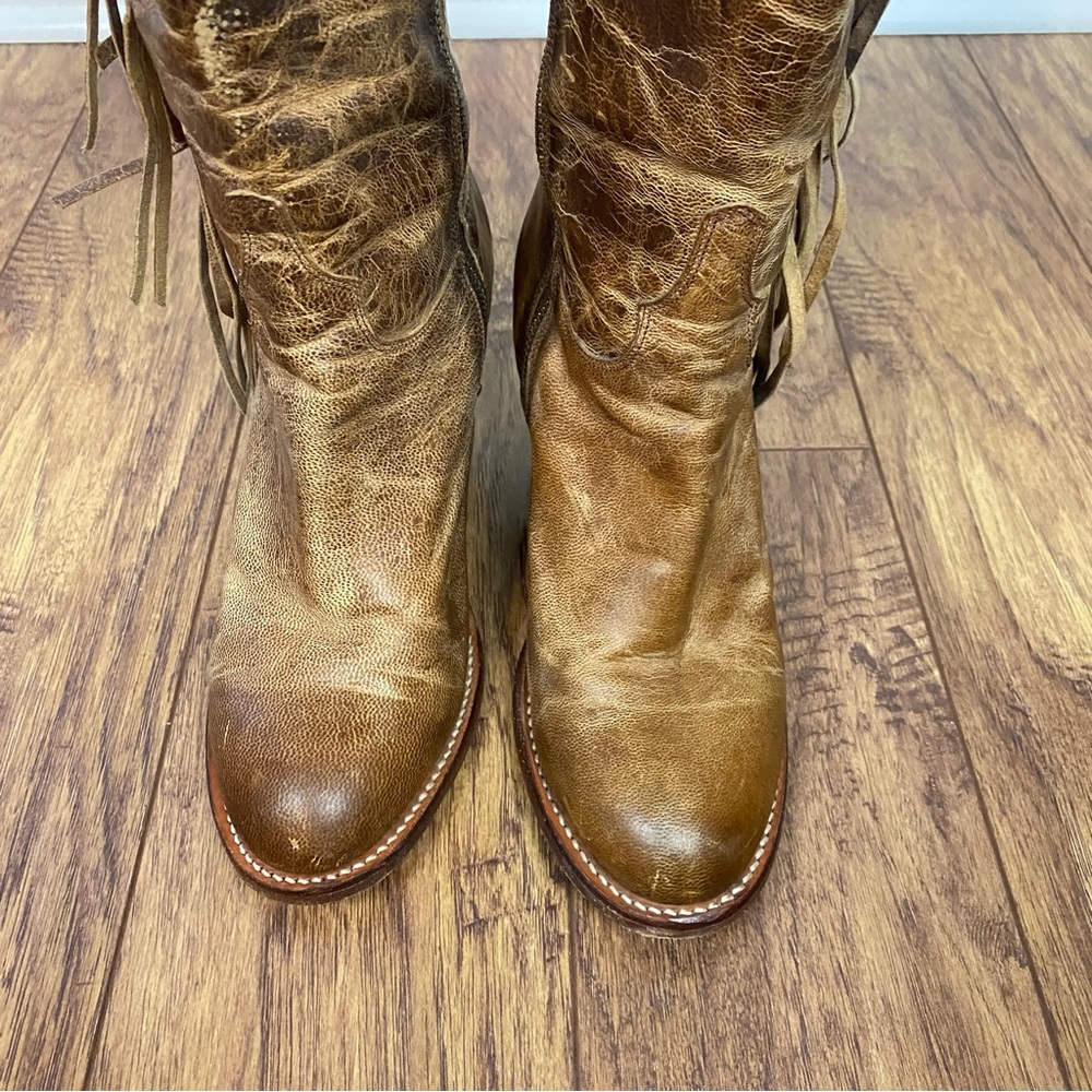 Lucchese Brown Leather Fringe Star Tall Heeled Boots - Picture 3 of 12